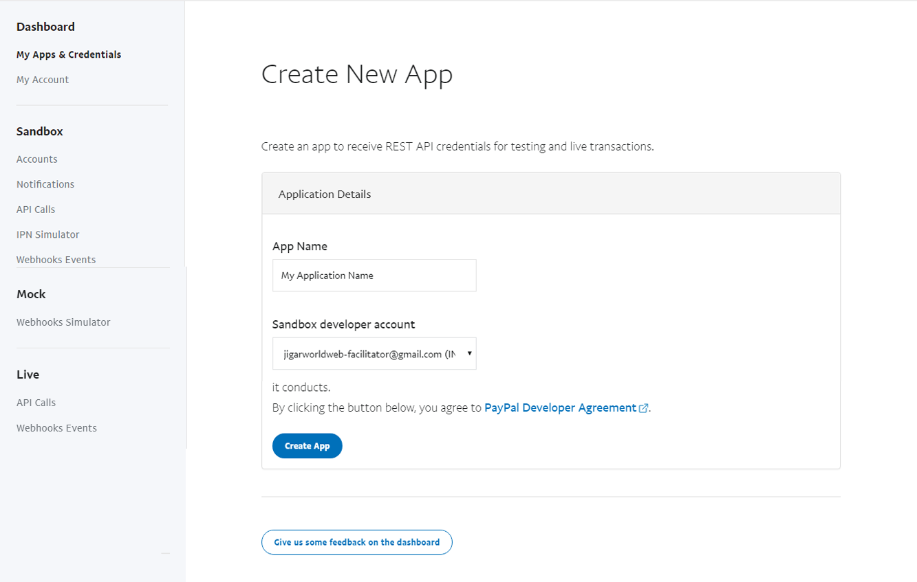 Paypal app create page