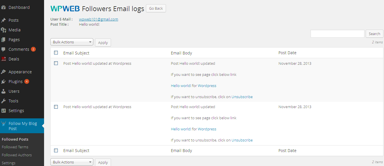 Followers email logs