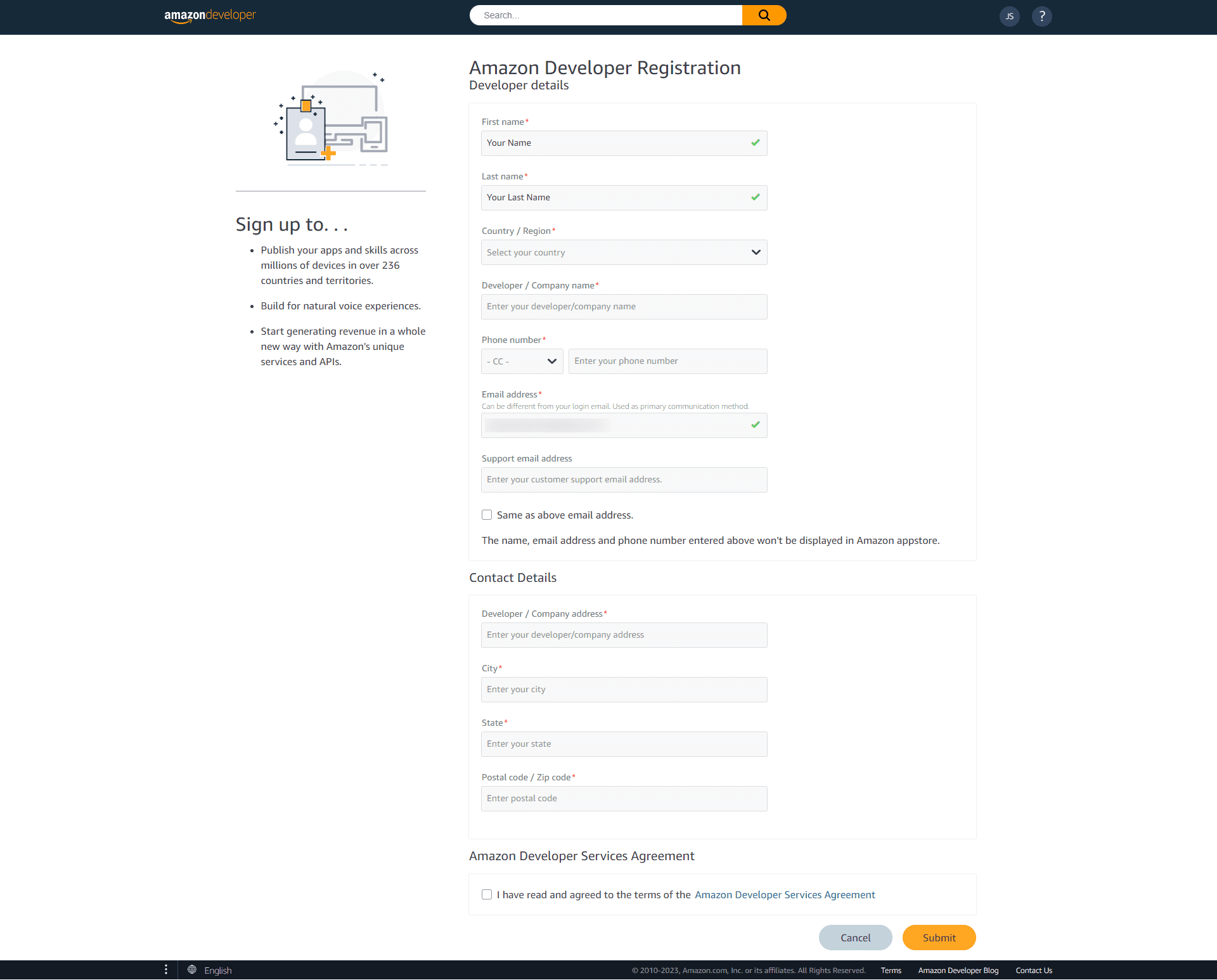 Amazon Developer Registration Form page