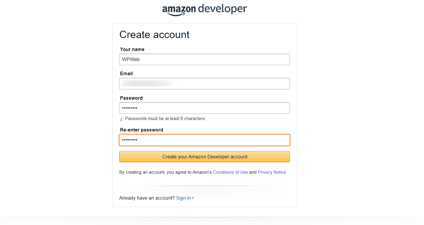 Create Developer Account Screen For Amazon page