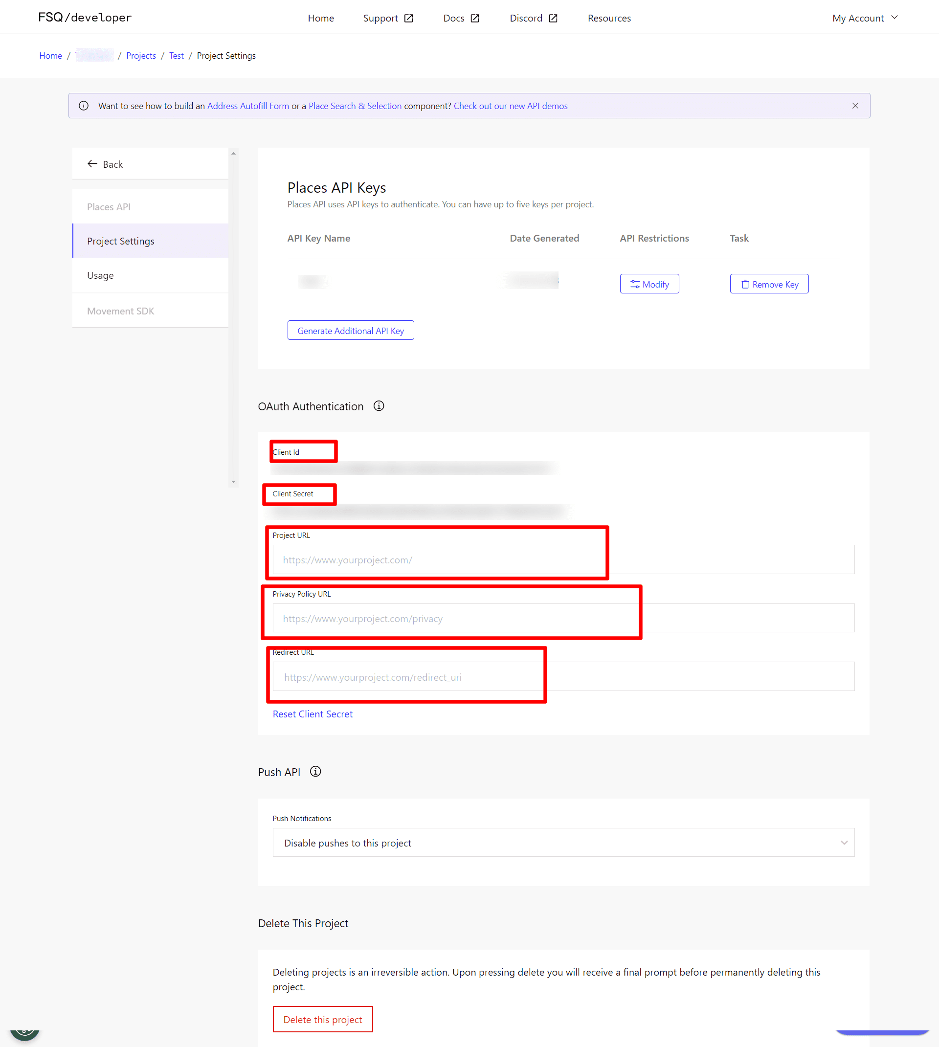 Four Square API Key