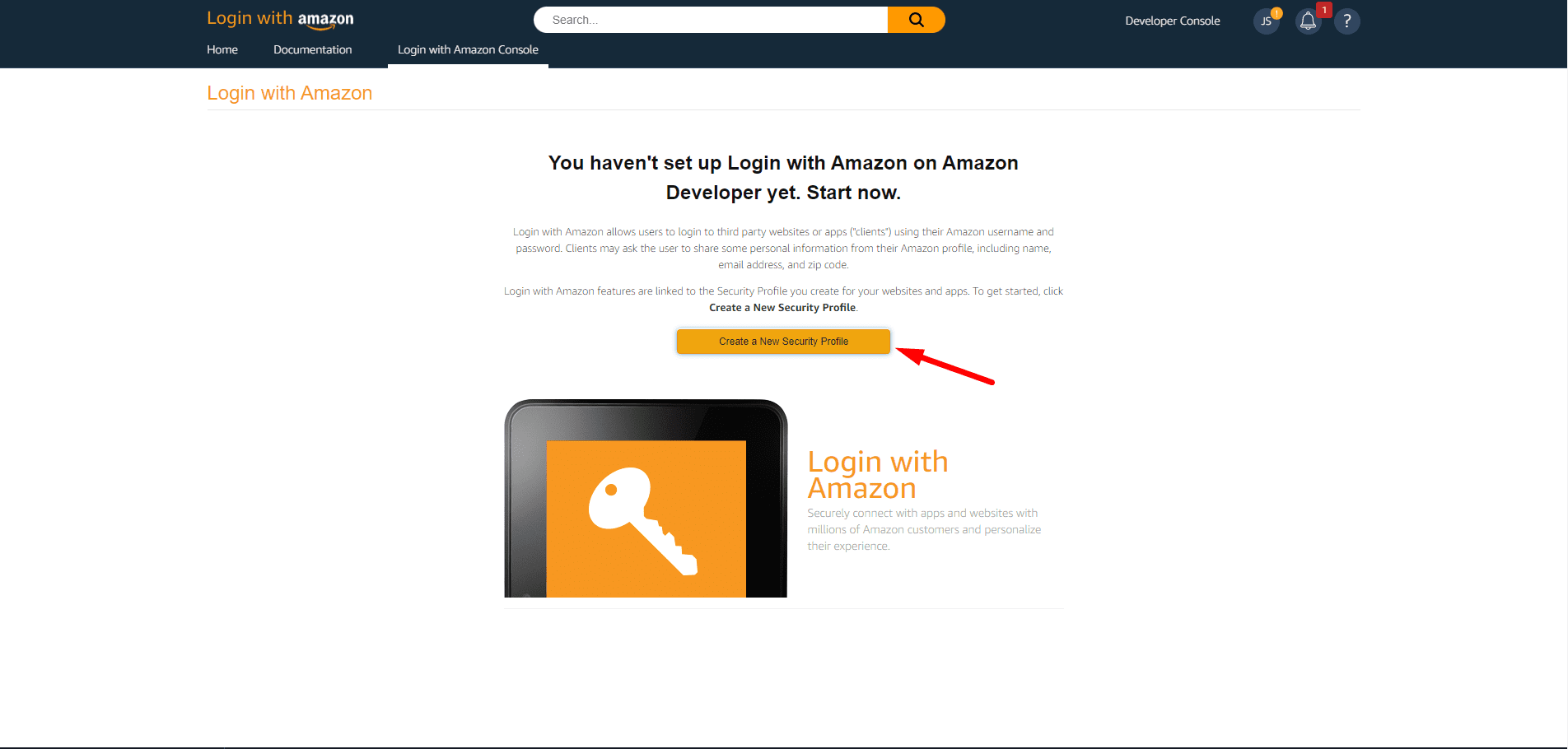 Login with Amazon Console page