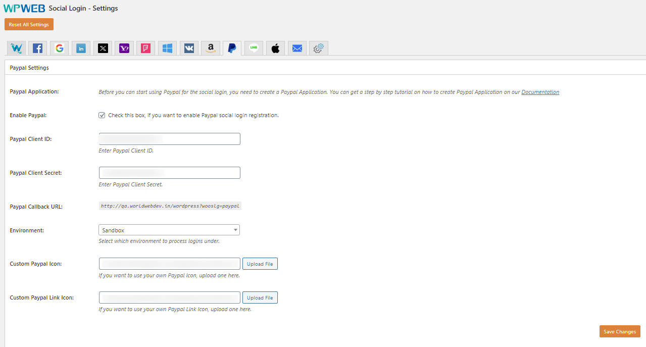 Settings page Paypal