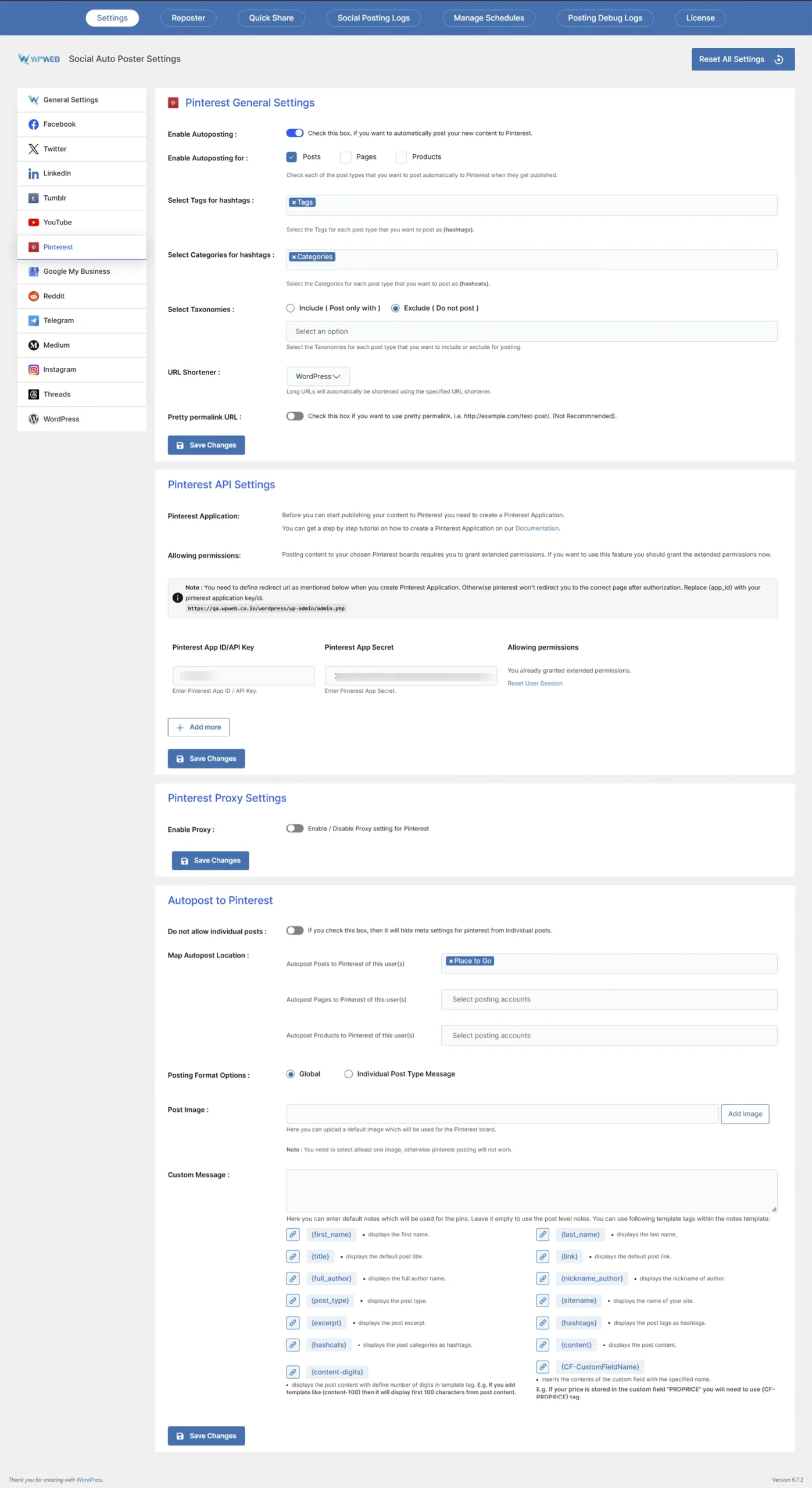 Pinterest settings